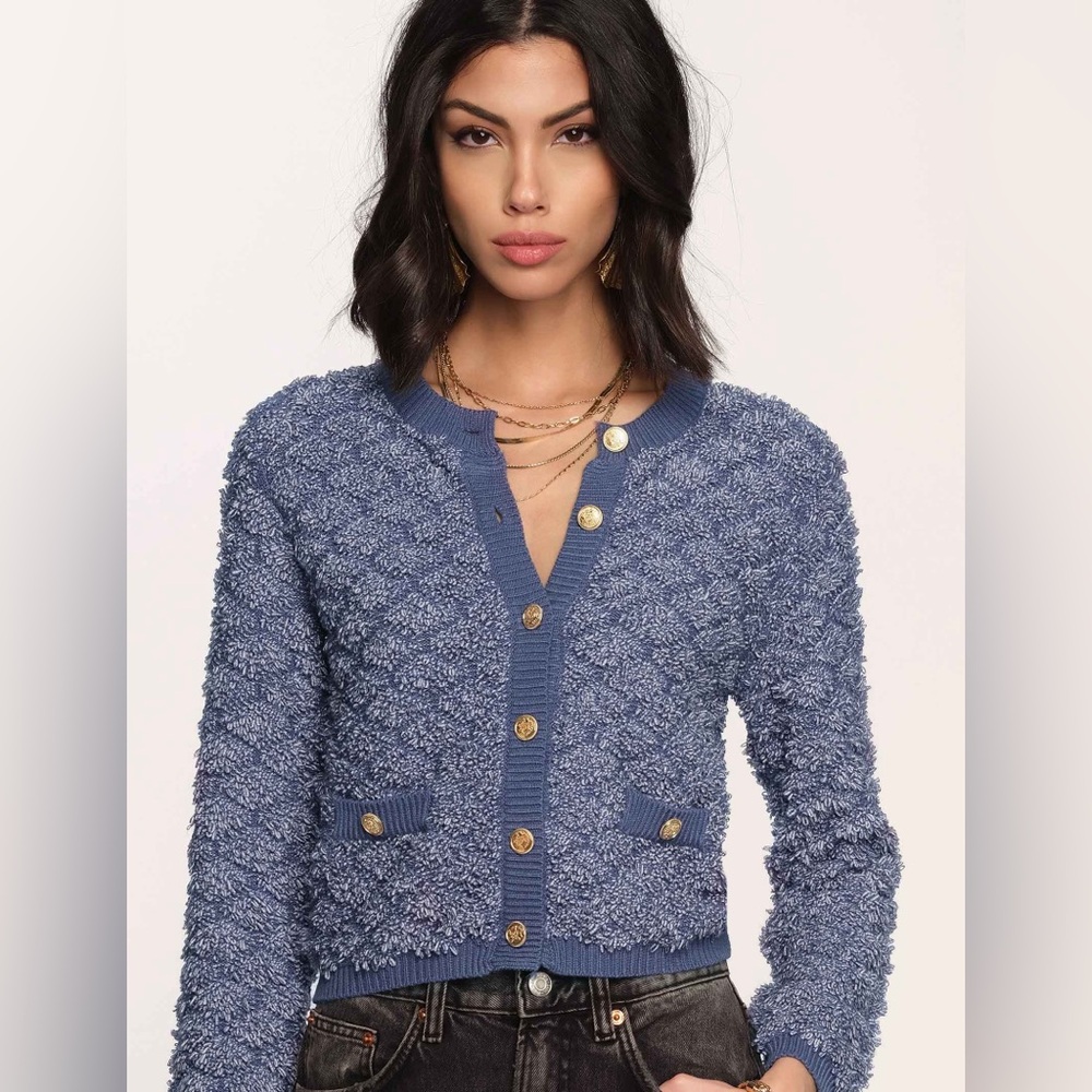 Heartloom Kiel Cardigan Sweater Lake Blue Gold Buttons Medium